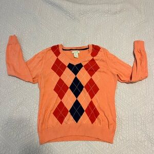Caribbean Joe Coral V-Neck Argyle Sweater with Navy & Orange Diamonds